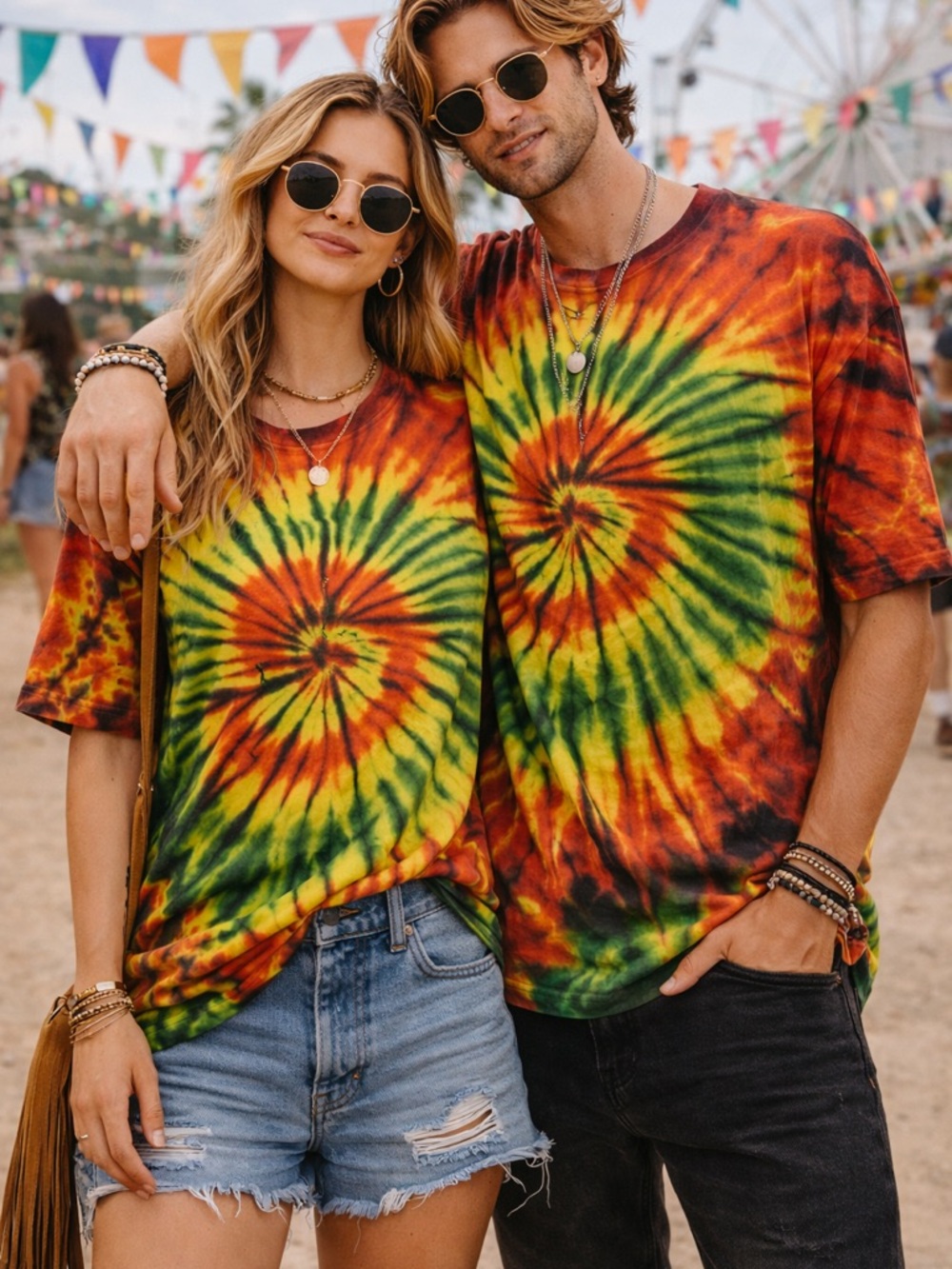 Rhea Tie Dye T-Shirt Red Yellow Green Spiral Unisex M NWT Boho Festival Tee